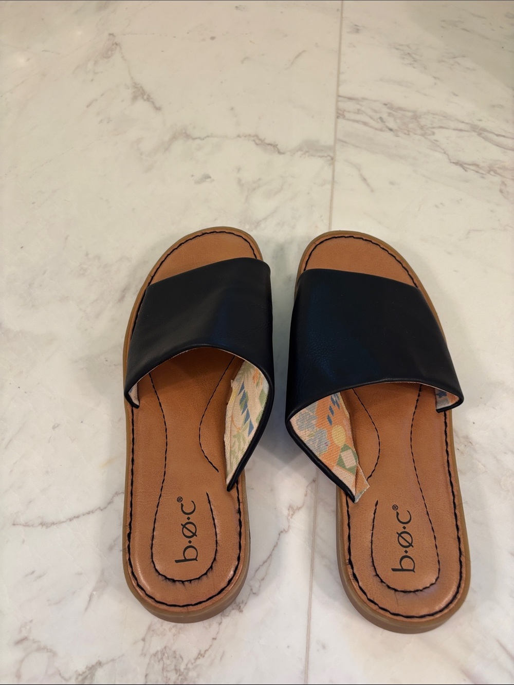 b.o.c. Black Slide Sandals with Tan Footbed and Patterned Lining